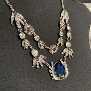 Antiqued Silver Statement Necklace with Blue Stone